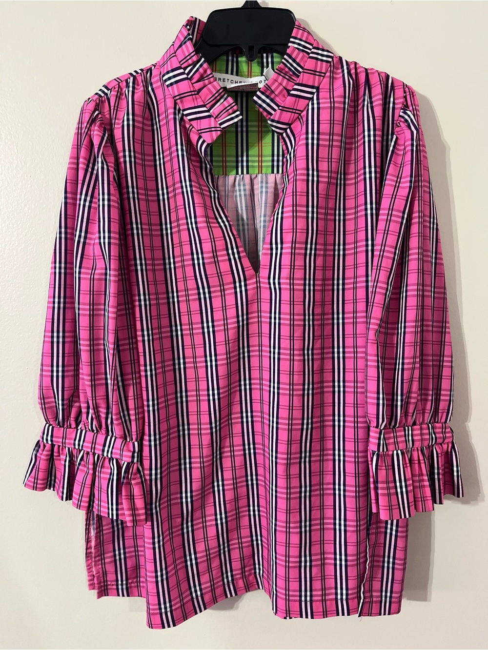 Gretchen Scott Ruffleneck Tunic Pink Sunshine Plaid Sz M